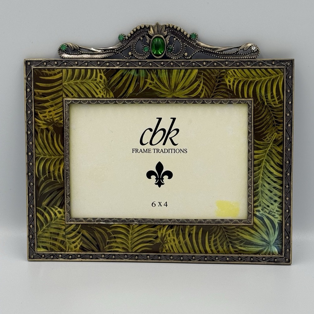CBK Enamel Picture Frame Palm‎ Leaf Print Metal Gemstone NO GLASS Tropical Glam